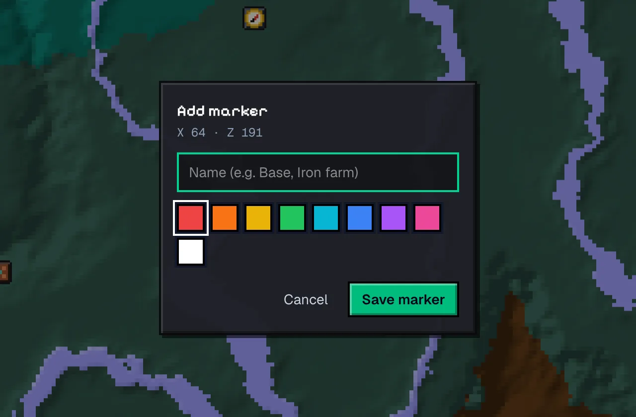 The Add marker dialog on the seed map with a name field, colour swatches and the block coordinates