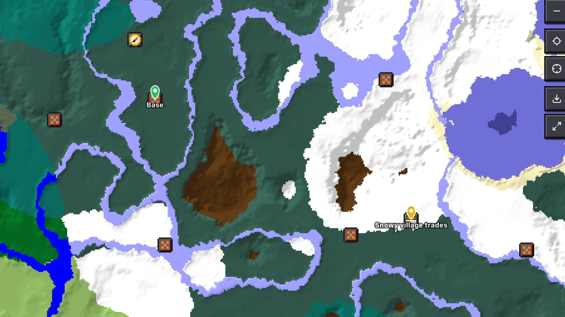 The seed map with two named markers, Base and Snowy village trades, near trial chambers and a village