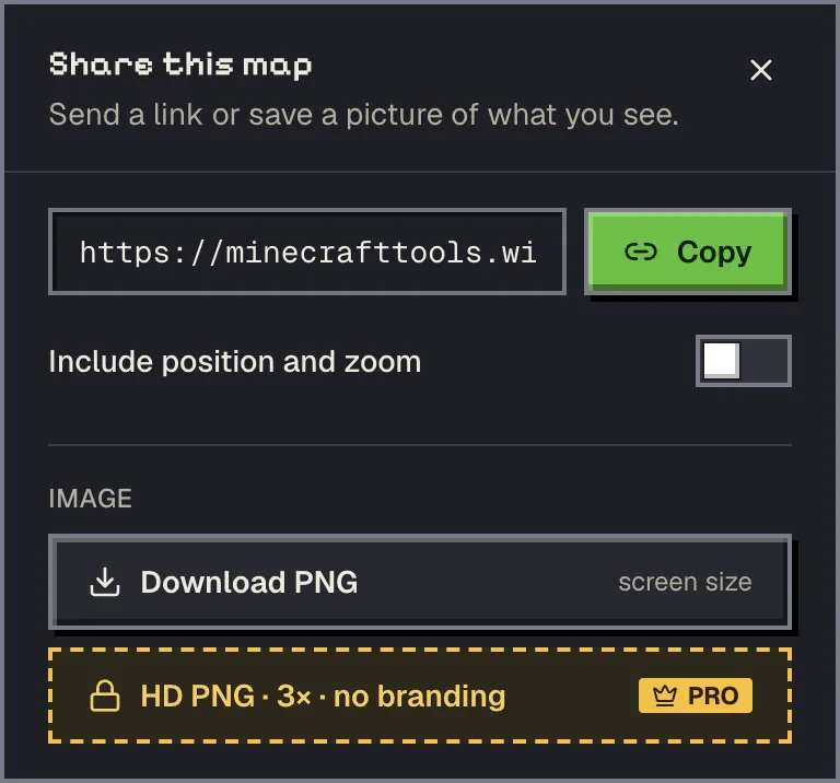 The Share this map dialog with Include position and zoom switched off and a shorter link in the box