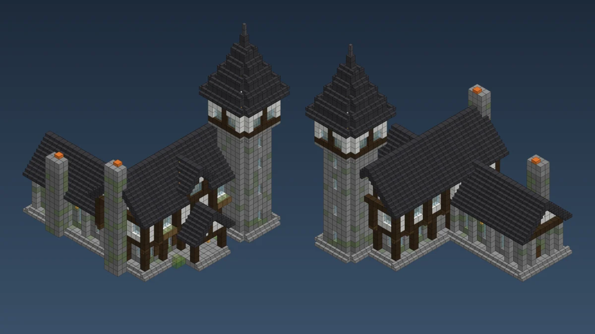 Isometric block diagram of a medieval manor from two sides: timber-frame hall with porch and dormer, stone wing with its own lower roof, two chimneys and a tall stone tower with a pointed spire