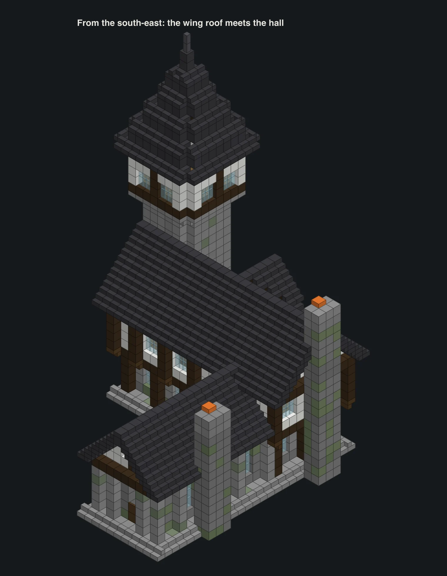 Isometric block diagram of the manor from the south-east: the wing's lower roof runs north and ends against the hall's roof and back wall, with chimneys on the hall and the wing