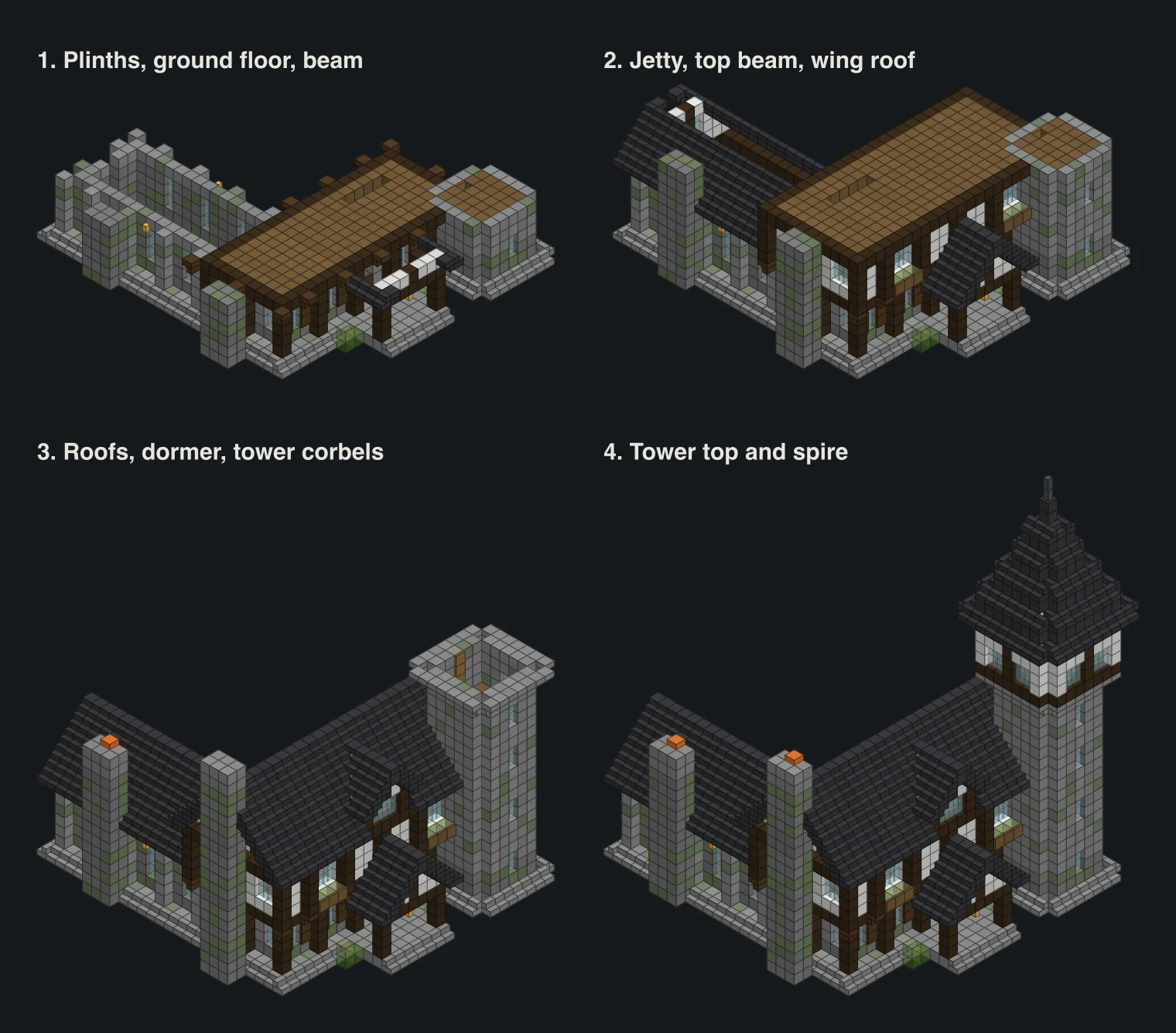 Four isometric block diagrams of the manor at different stages: ground floors, then the jetty and wing roof, then the roofs and tower corbels, then the finished tower and spire