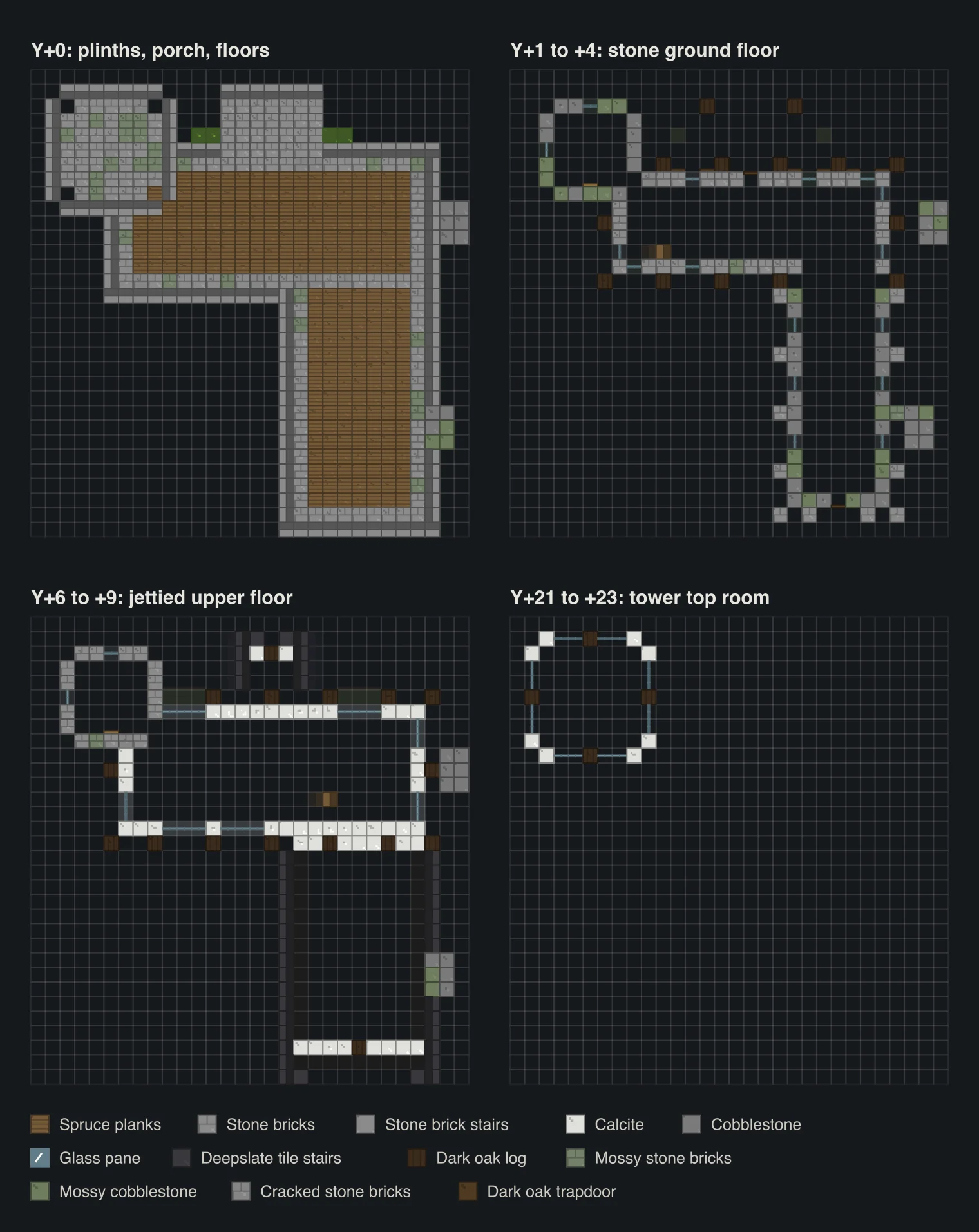 Four top-down block plans: the plinths with plank floors, the stone ground floor with posts and recessed walls, the jettied upper floor, and the round-cornered tower top room