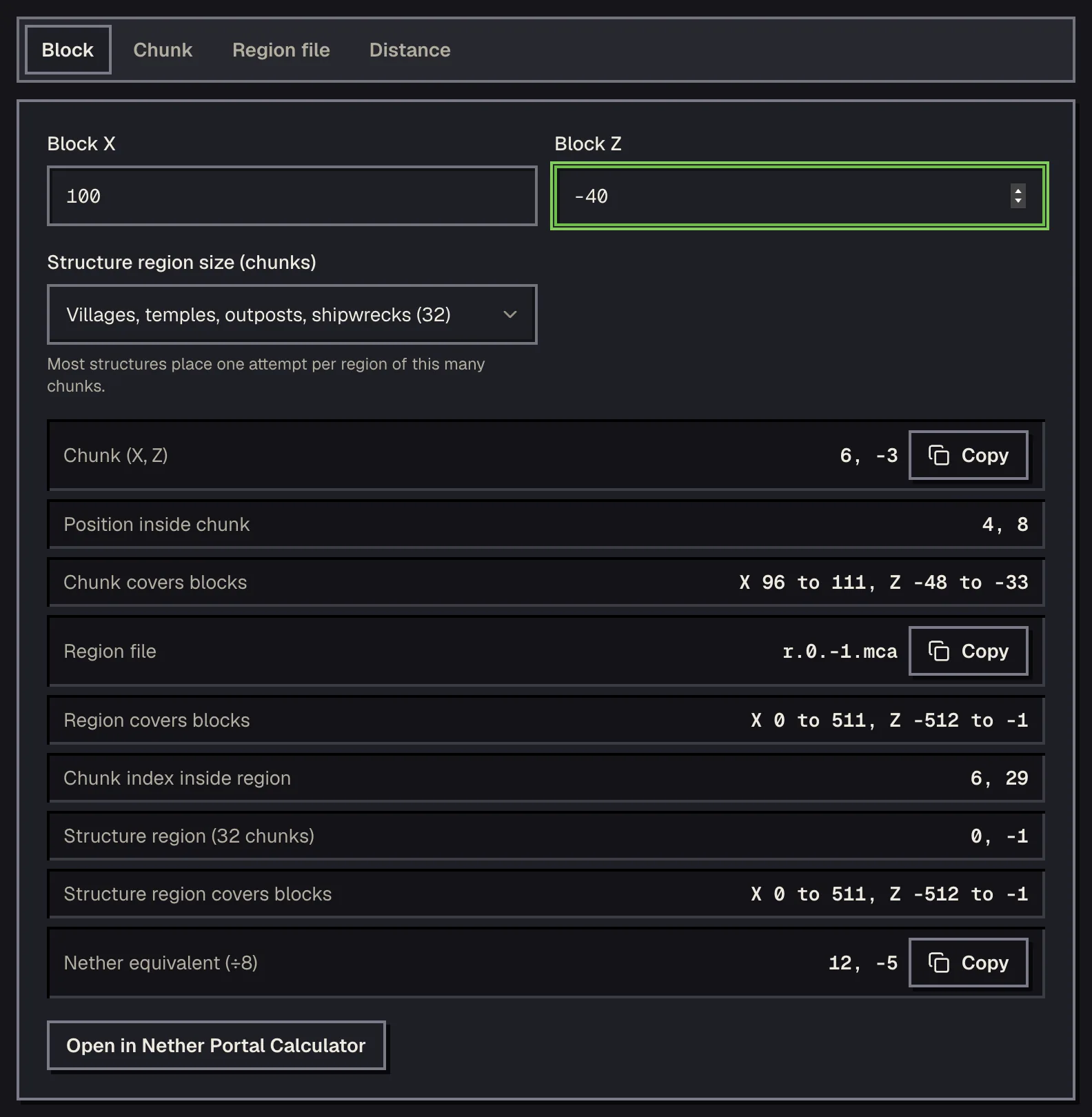 The coordinate calculator with block 100, -40 entered, showing chunk 6, -3 and its region file