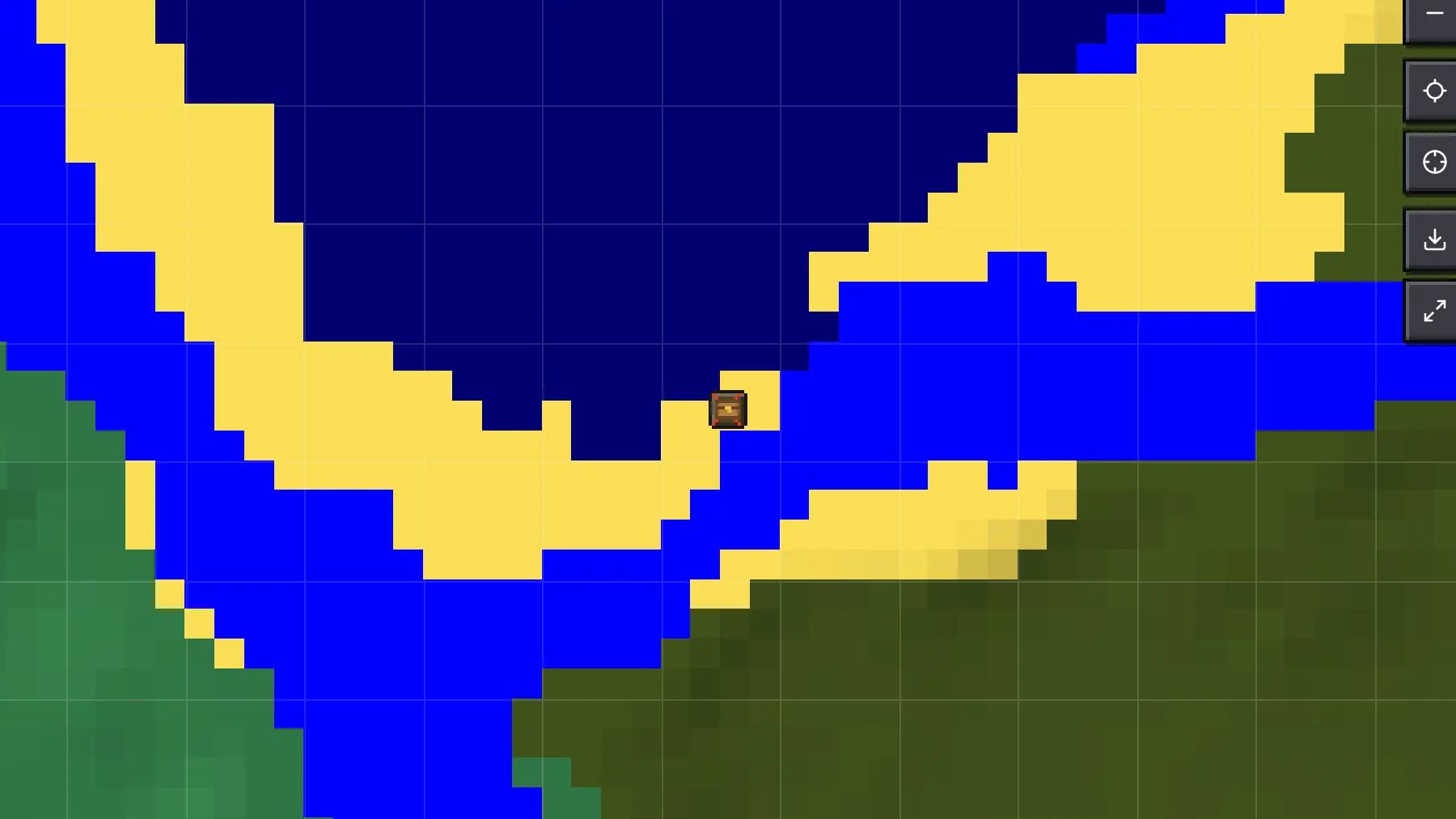 Zoomed-in seed map with the chunk grid switched on, showing 16-block chunk outlines around a buried treasure
