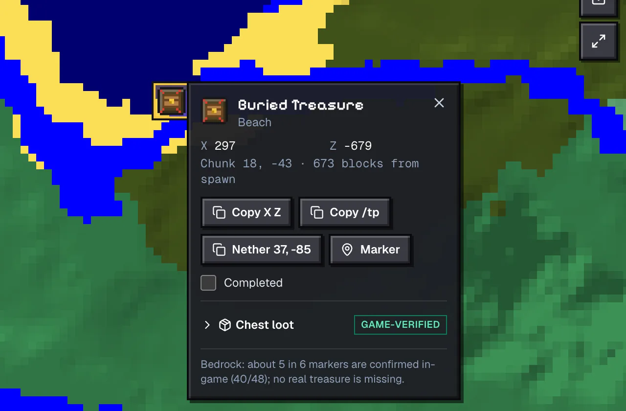 Structure popup for the buried treasure at 297, -679 on seed 123456789, with the chest loot listed