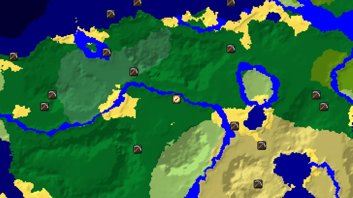 Mineshaft finder on seed 0 around the world spawn, with mineshaft markers scattered over forest, plains and beach