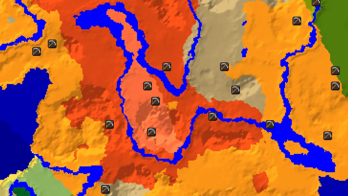 Mineshaft finder on seed 8675309123456789 showing a cluster of mineshaft markers over orange badlands biomes north-west of spawn