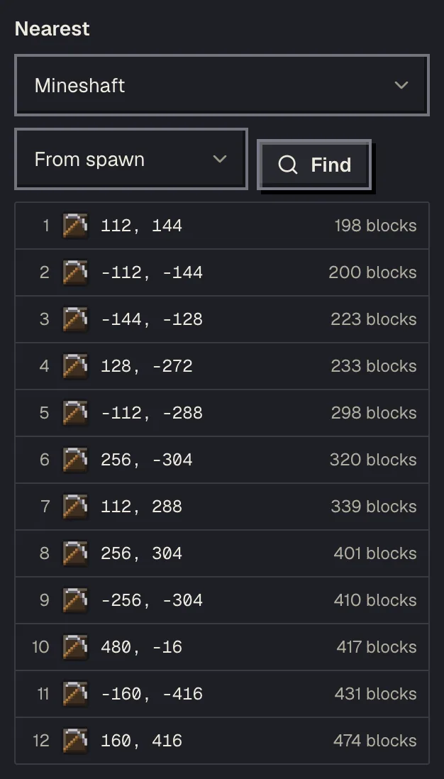 Nearest list in the side panel of the mineshaft finder for seed 123456789, shafts sorted by distance from spawn