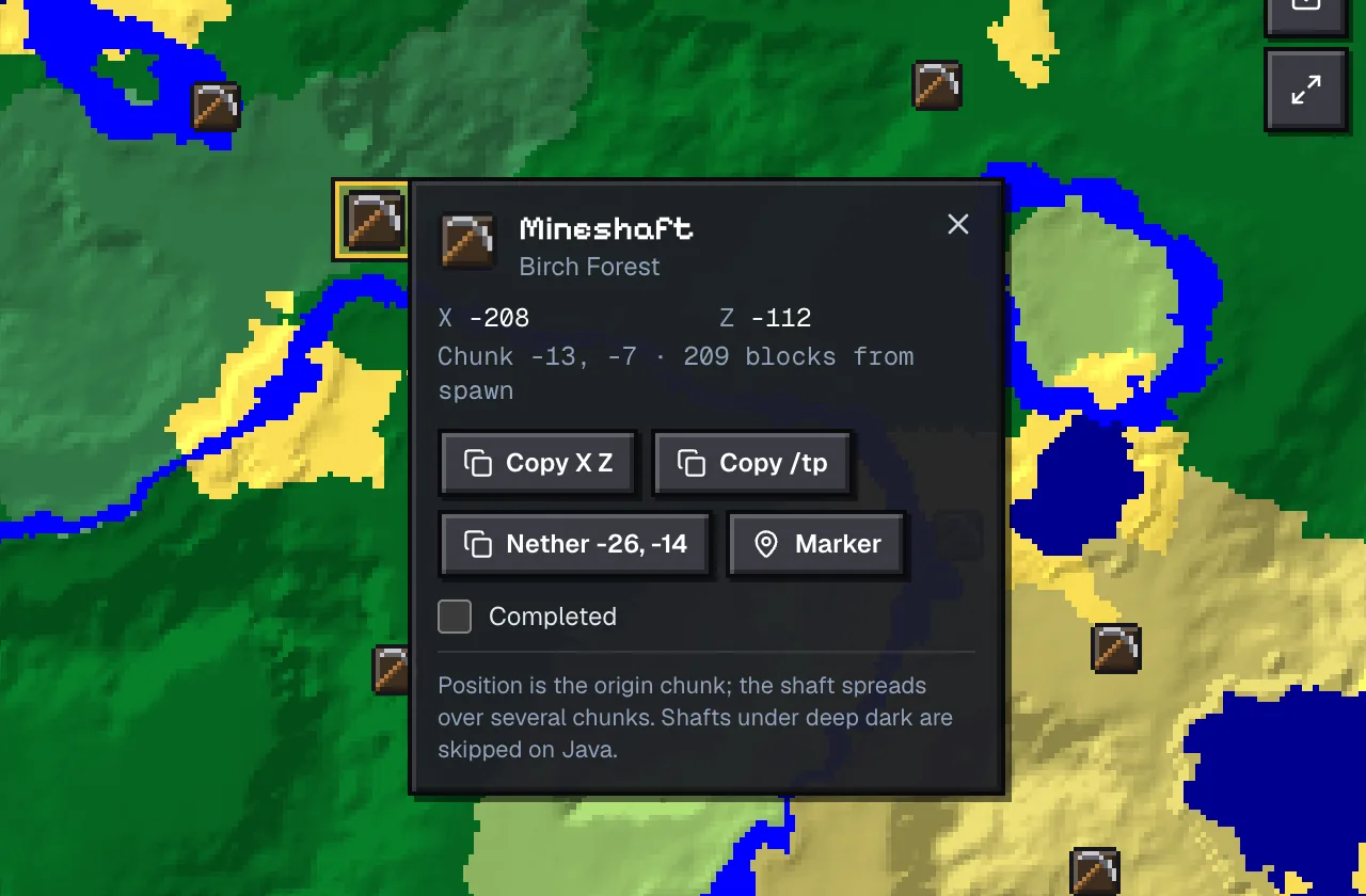 Structure popup for the mineshaft at −208, −112 on seed 0, with coordinates, distance from spawn and copy buttons