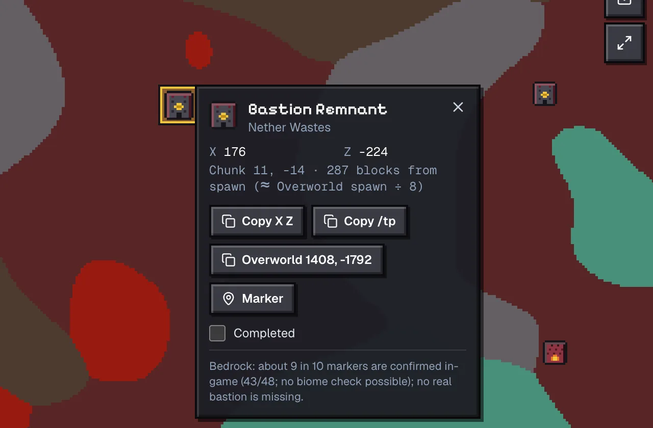 Structure popup for the bastion remnant at 176, -224 on seed 0 with its type, distance and Overworld coordinates button