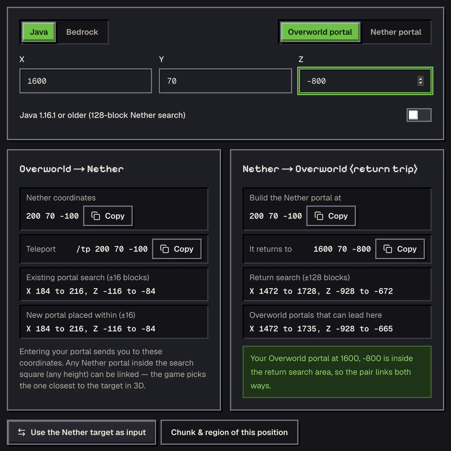 The Nether portal calculator with 1600, 70, -800 entered, showing the Nether coordinates 200, 70, -100 and both search areas
