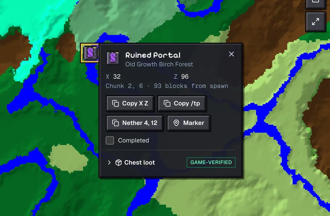 Structure popup for the ruined portal at 32, 96 on seed -1234567890123, with a Nether coordinates button and the chest loot listed