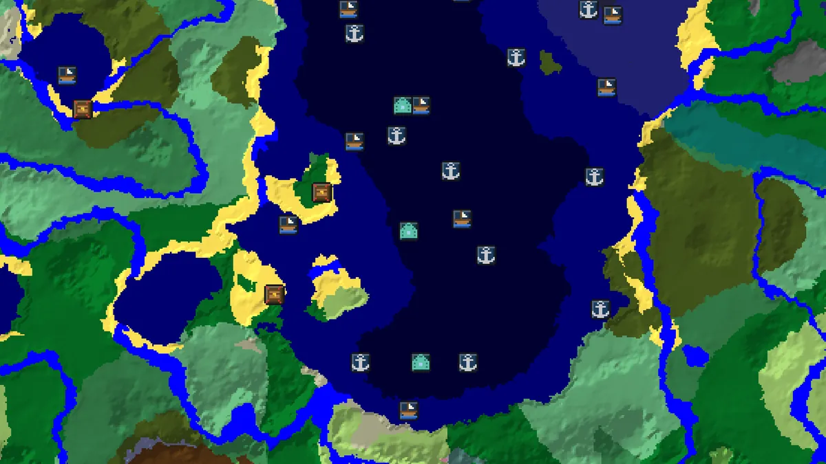 Seed map of seed 123456789 around the monuments at 1168, -352 with shipwrecks, ocean ruins and buried treasure marked in the same ocean