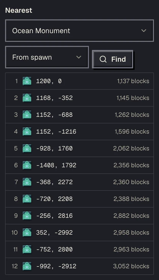 The Nearest list on the ocean monument finder for seed 123456789, monuments sorted by distance from spawn