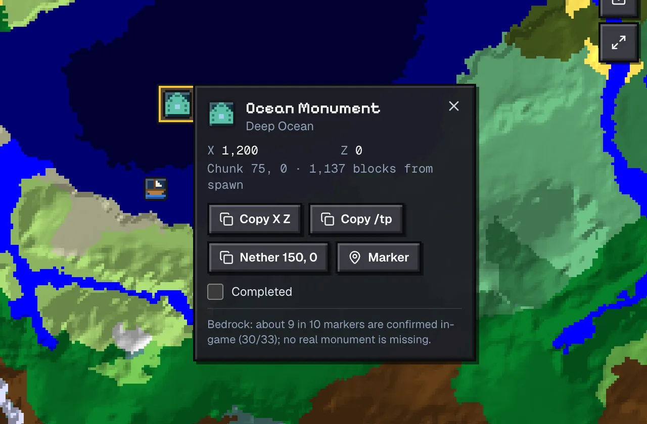 Structure popup for the ocean monument at 1200, 0 on seed 123456789 with distance from spawn and copy buttons
