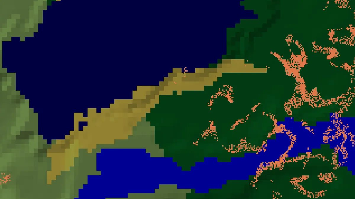 Ore vein finder for seed 123456789 near spawn with large copper and iron veins drawn as long bodies