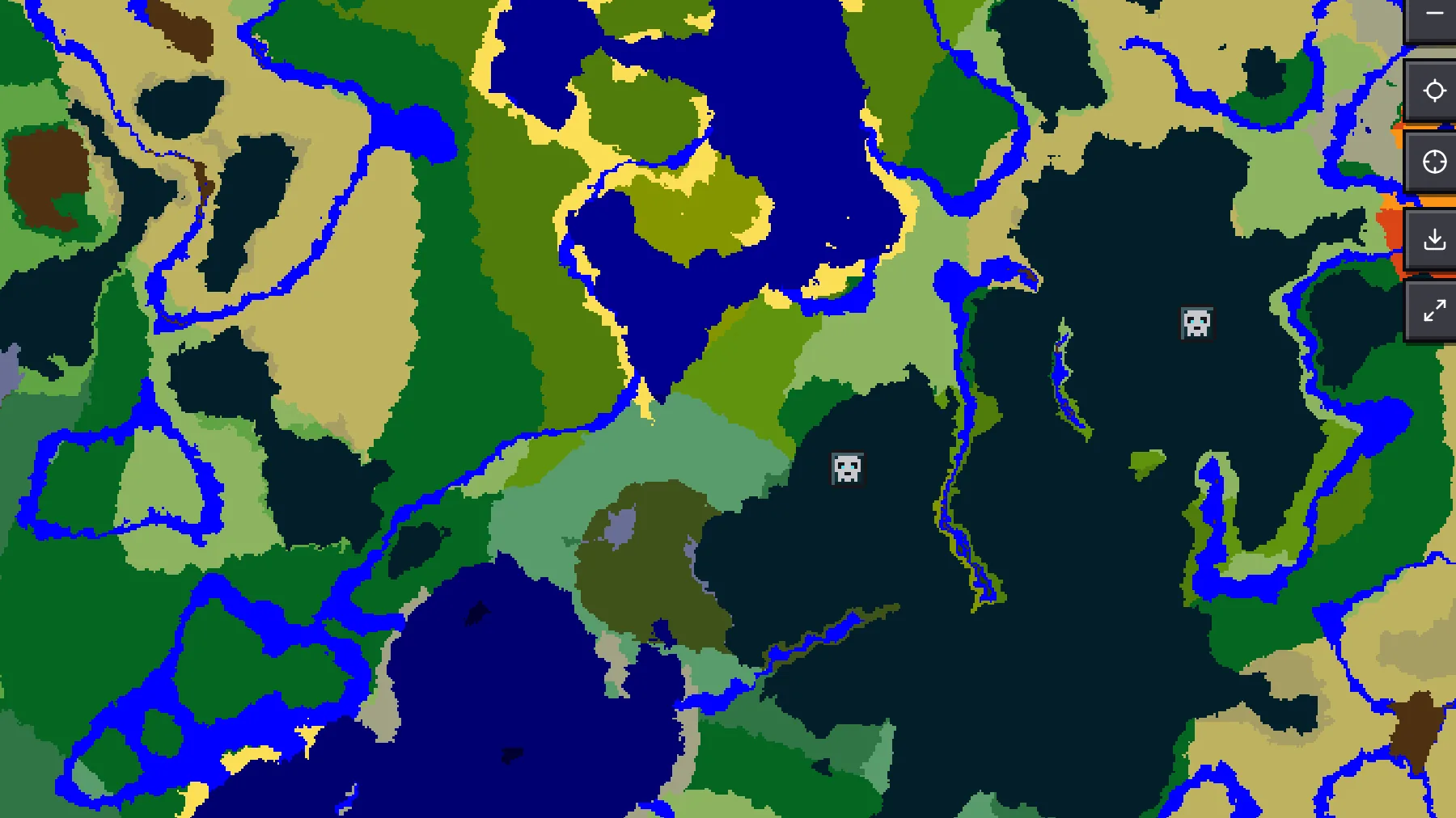 Seed map of seed 8675309123456789 with the biome layer set to Deep (Y -51), showing deep dark regions under the mountains