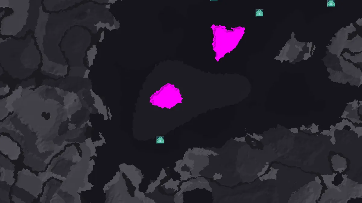 Mushroom island finder for seed 0 with the mushroom fields highlighted at -968, -552 in a deep ocean