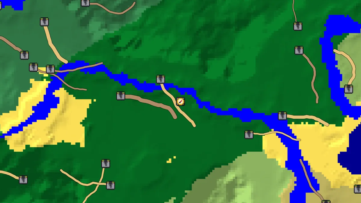 Ravine finder on seed 0 around world spawn, with ravine paths drawn as bands and one passing just west of the spawn point