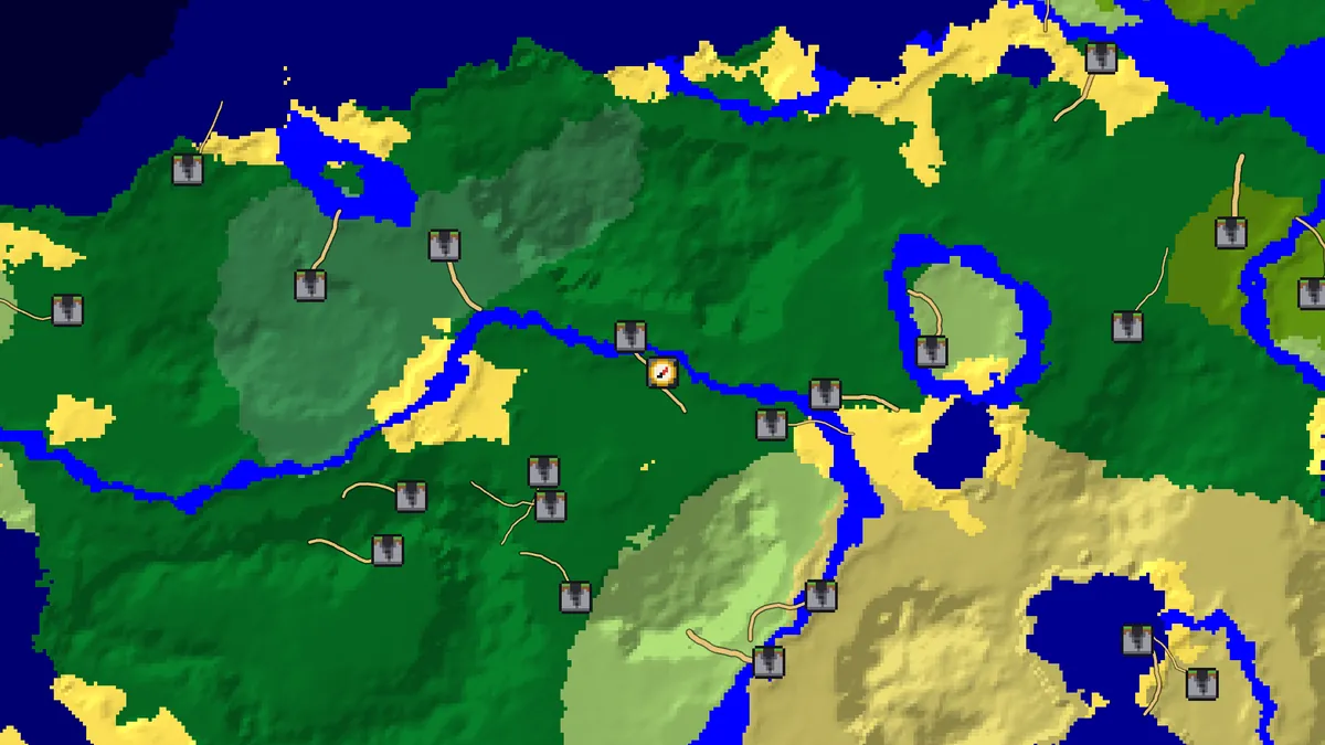 Ravine finder on seed 0 with only ravines open to the sky shown around spawn, seven of them within a few hundred blocks