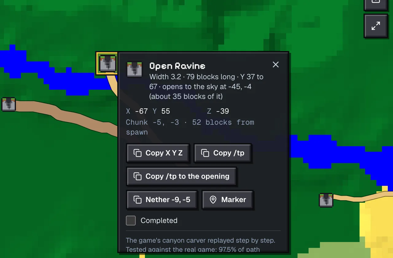 Ravine finder popup for the ravine starting at −67, 55, −39 on seed 0, showing width, length, Y range and where it opens