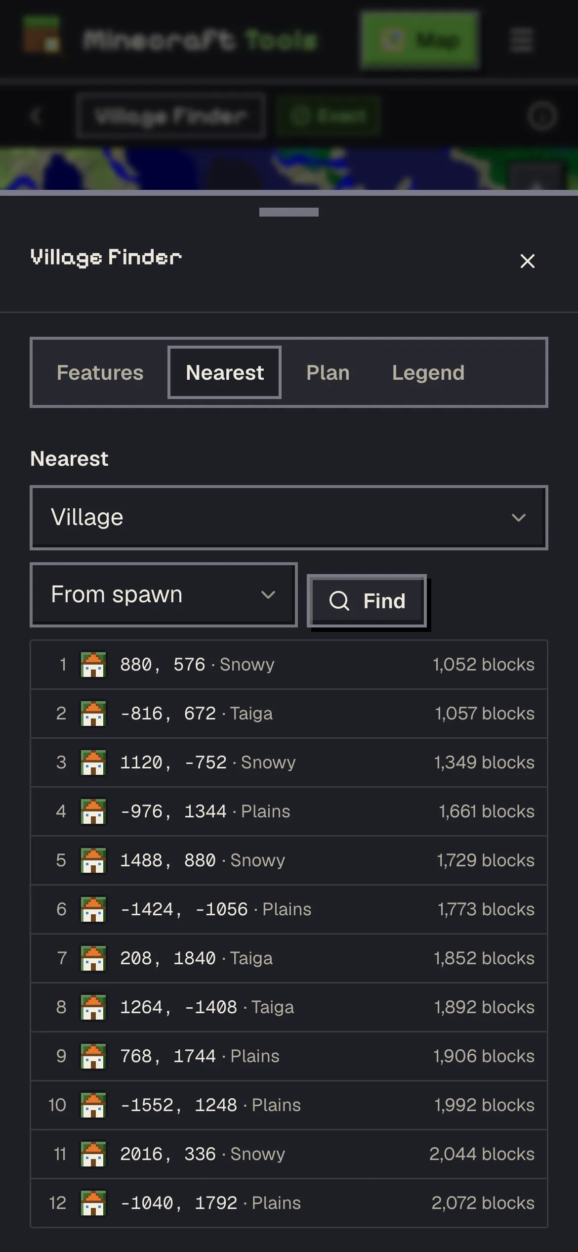 The Layers sheet on a phone with the Nearest tab open, listing villages by distance from spawn