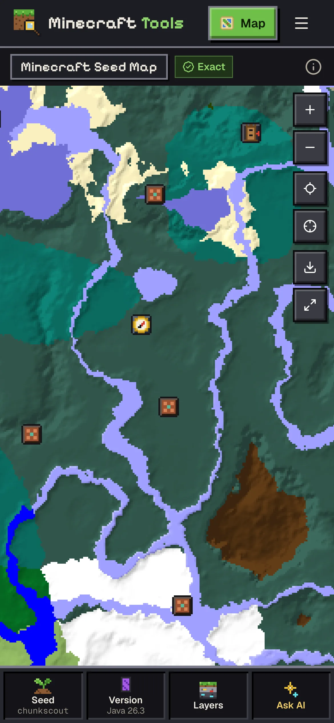 The seed map on a phone screen, with the map filling the width and the Seed, Version, Layers and Ask AI bar at the bottom