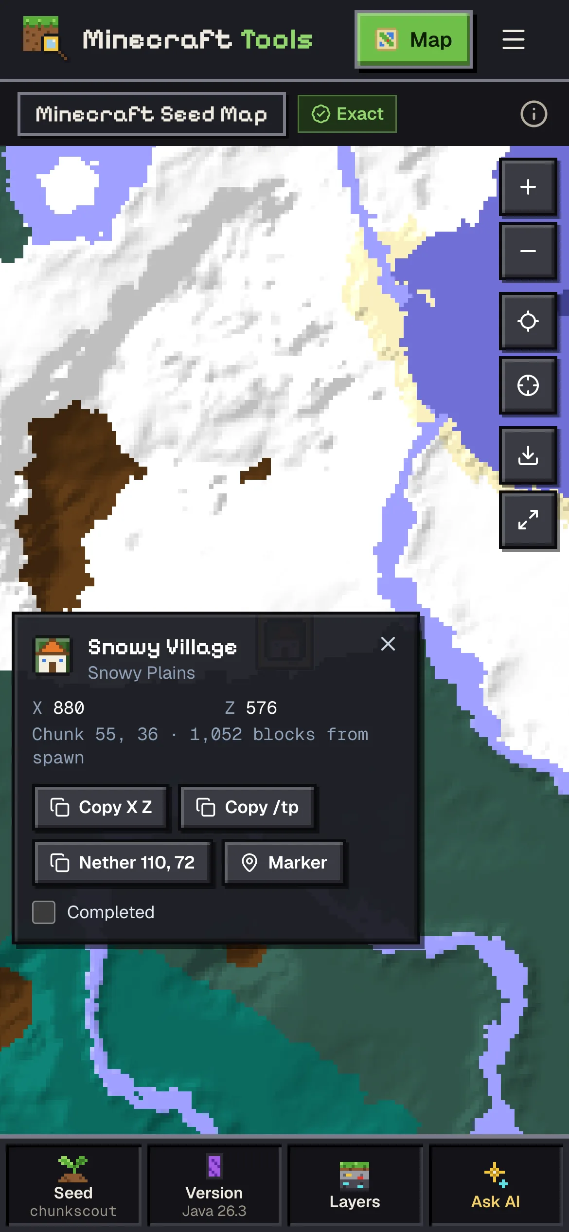 A structure popup on a phone for the snowy village at 880, 576 on seed chunkscout with copy buttons