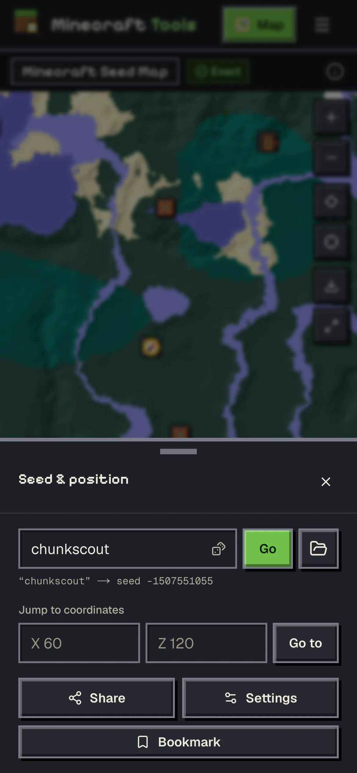 The Seed and position sheet on a phone with the seed box, a Jump to coordinates form, and Share, Settings and Bookmark buttons