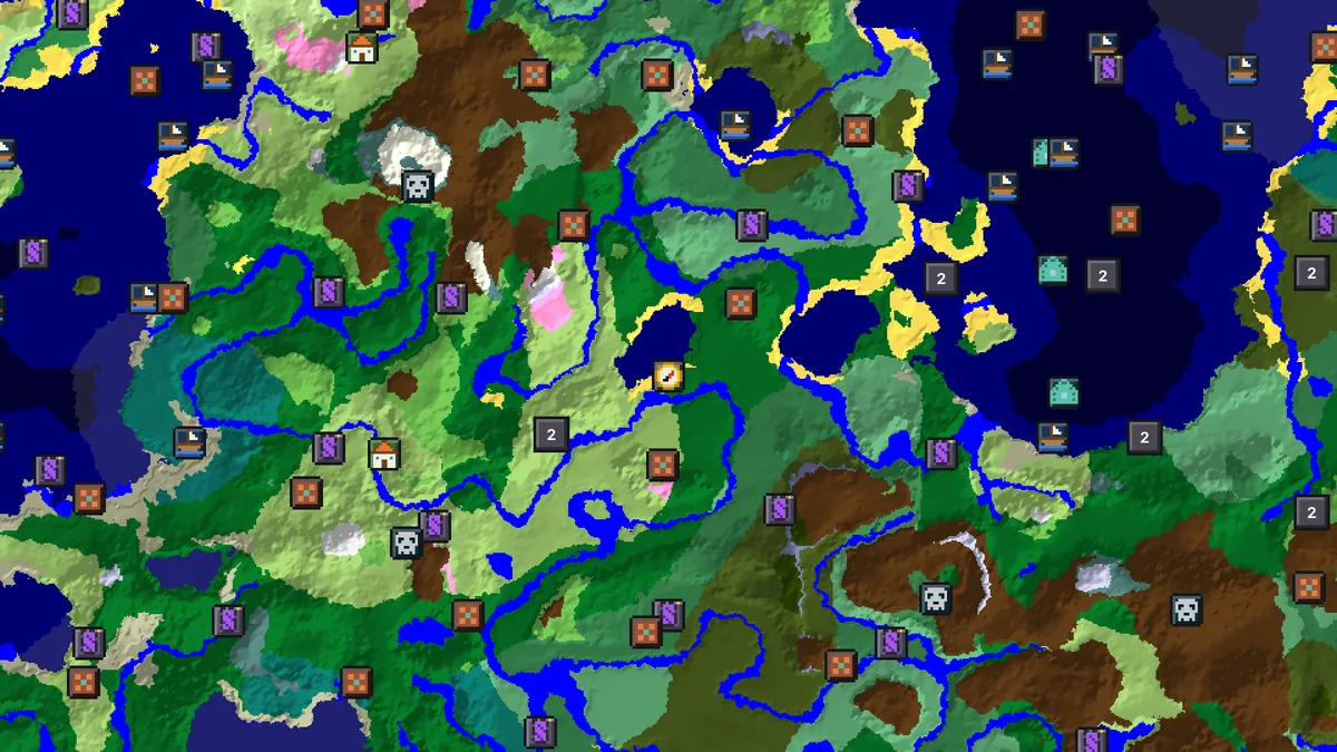 Seed map of seed 123456789 around spawn with every structure type switched on