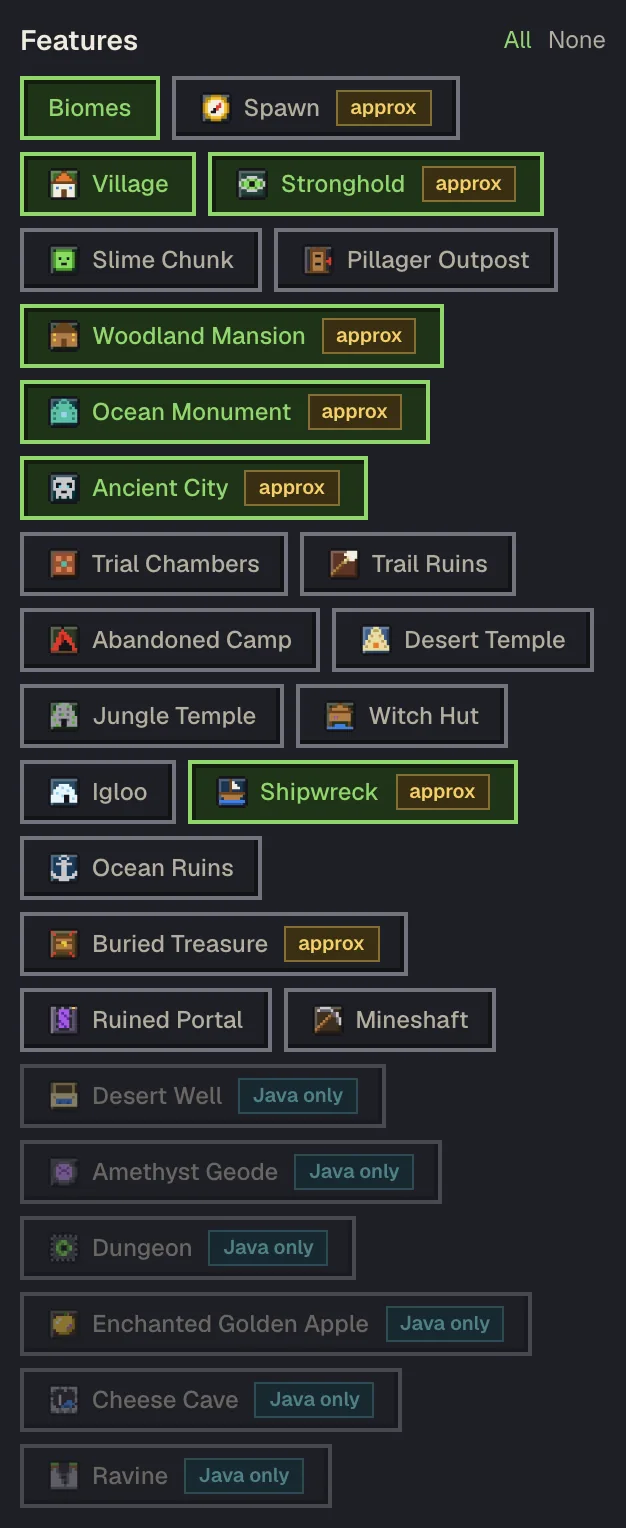 The Features panel with the edition set to Bedrock, with approx badges on the types that fail part of the time in-game