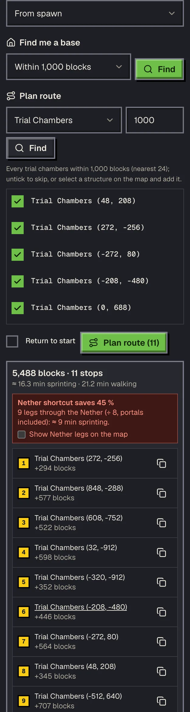 The planner panel with a route through trial chambers planned, showing leg distances, time estimates and /tp commands
