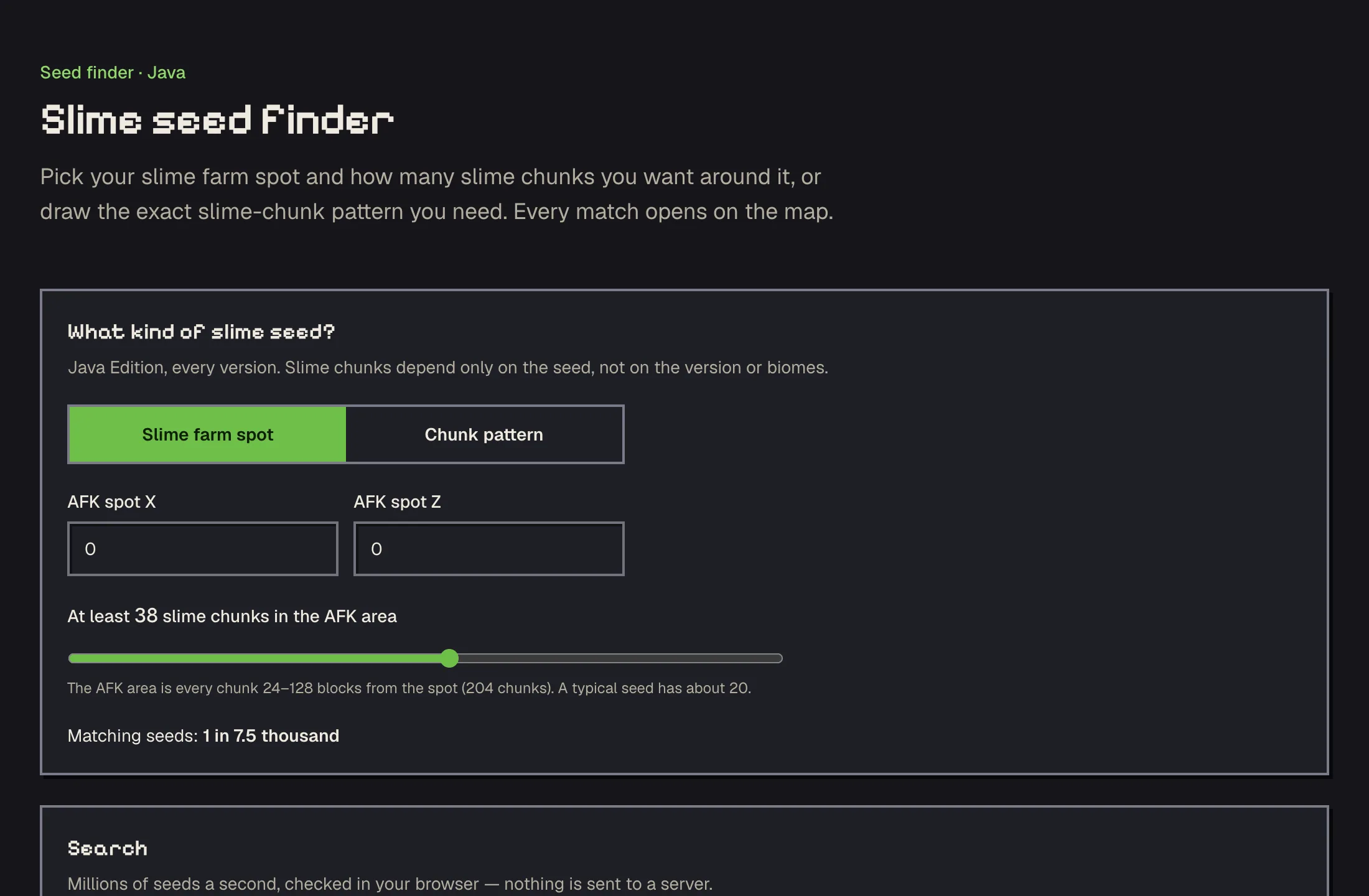 The slime seed finder page with its search form for slime chunk clusters and patterns