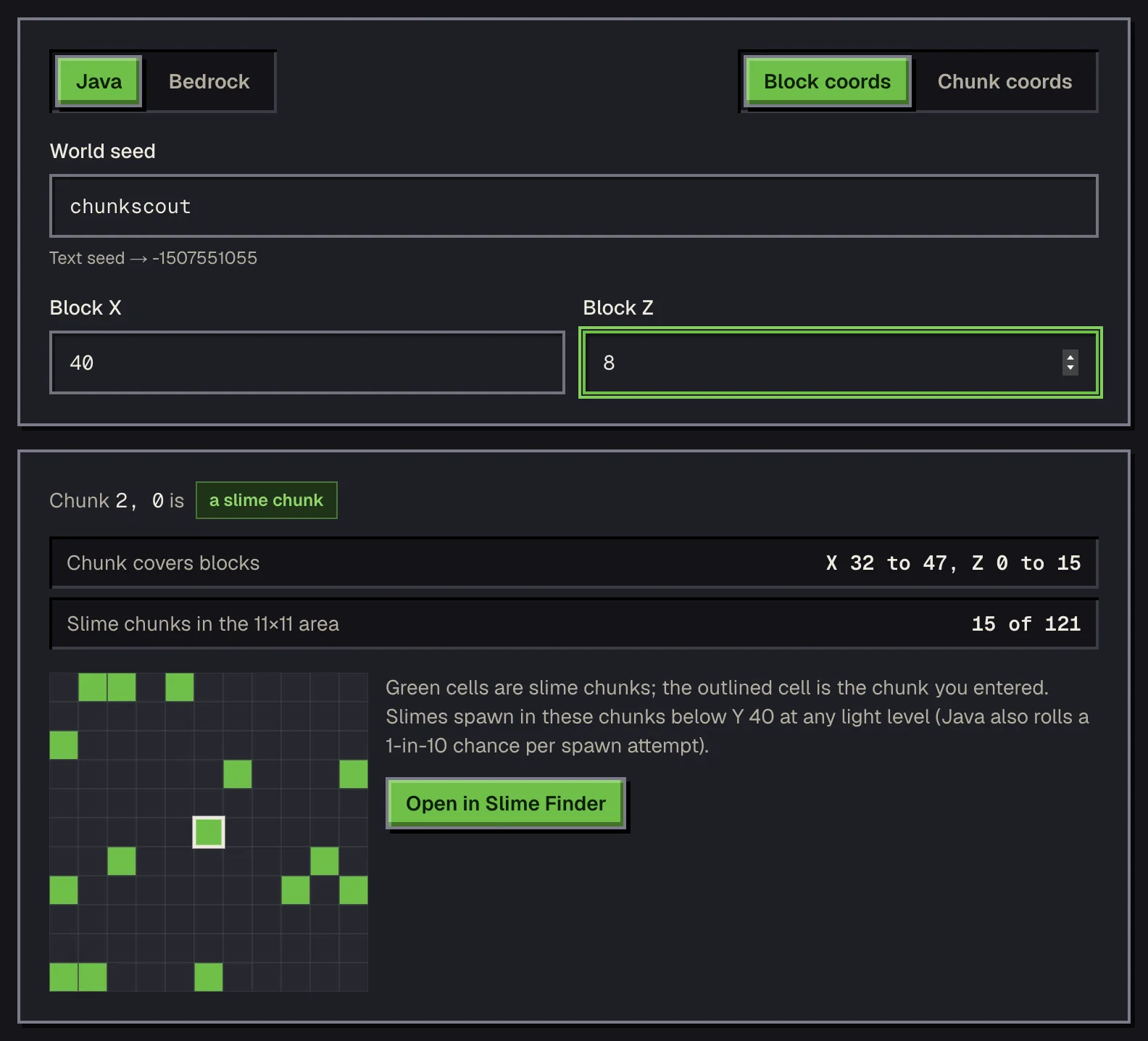 The slime chunk checker on the slime chunks tool page with seed chunkscout and position 40, 8 entered