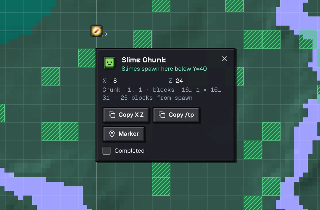 A slime chunk popup on the slime finder showing the chunk coordinates, its block range and the note that slimes spawn below Y 40