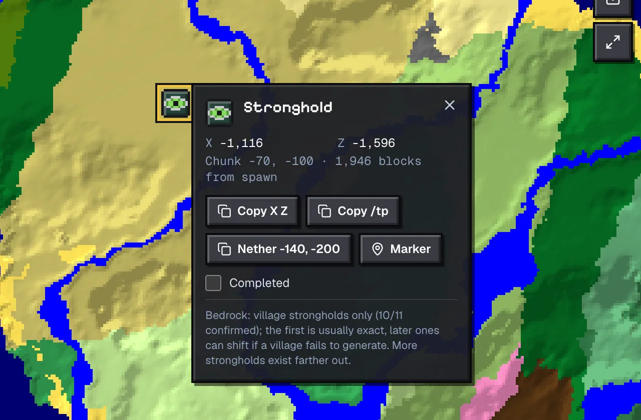Structure popup for the stronghold at -1116, -1596 on seed 123456789 with distance from spawn and copy buttons