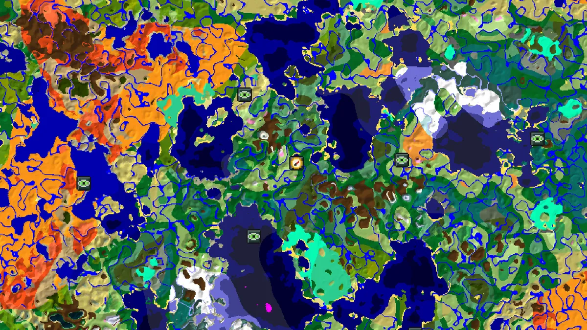 Seed map of seed 123456789 zoomed far out, with the first two stronghold rings visible around the origin