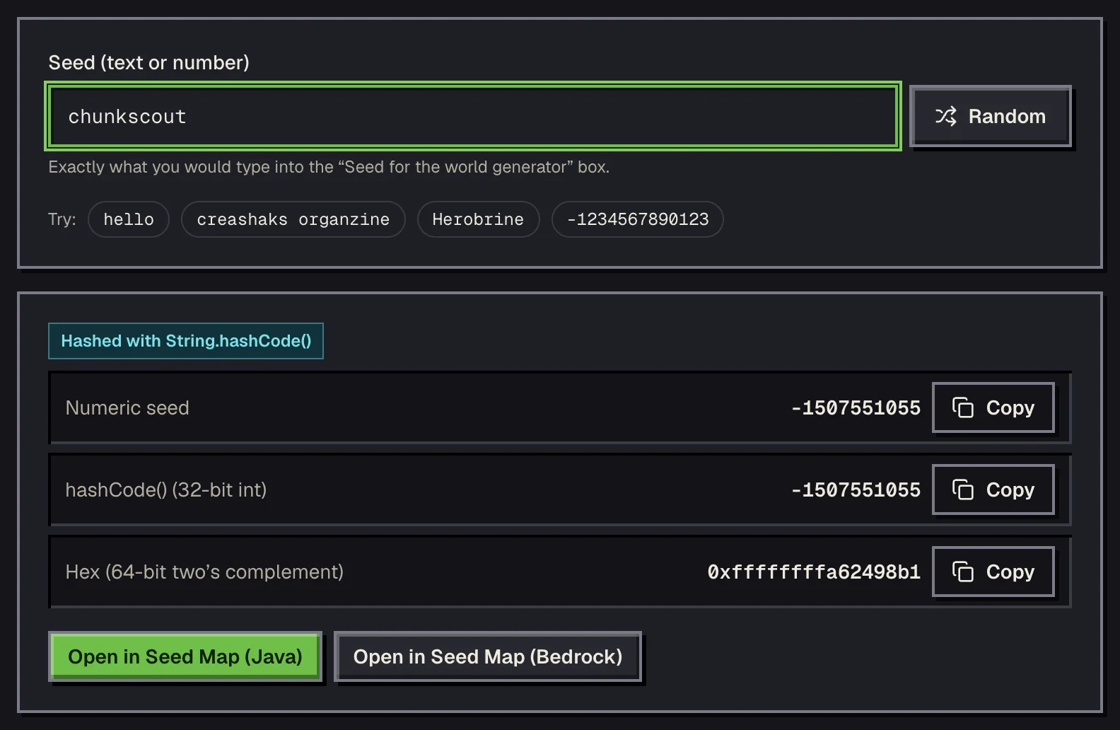 The seed converter tool with chunkscout entered, showing the hashed seed and how the input was read