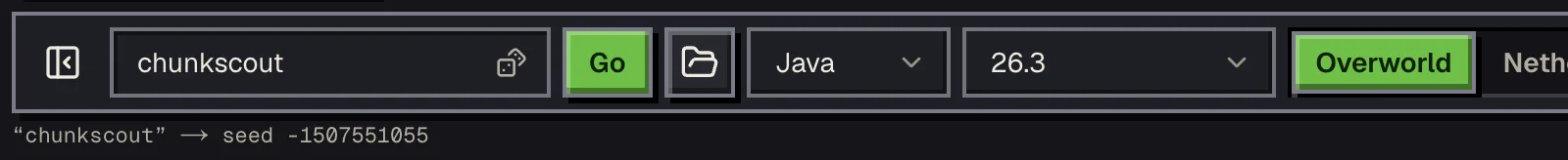 The map toolbar with the text seed chunkscout typed in and a hint line showing the number it hashes to