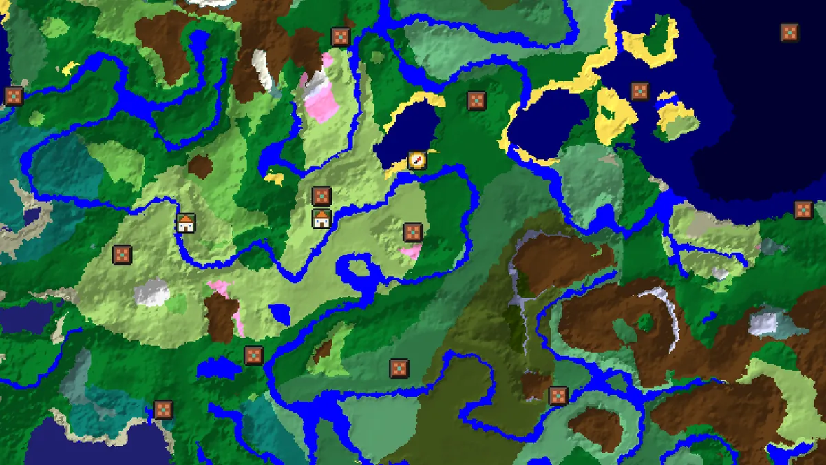 Trial chamber finder for seed 123456789 around 48, 208 with trial chambers and villages marked