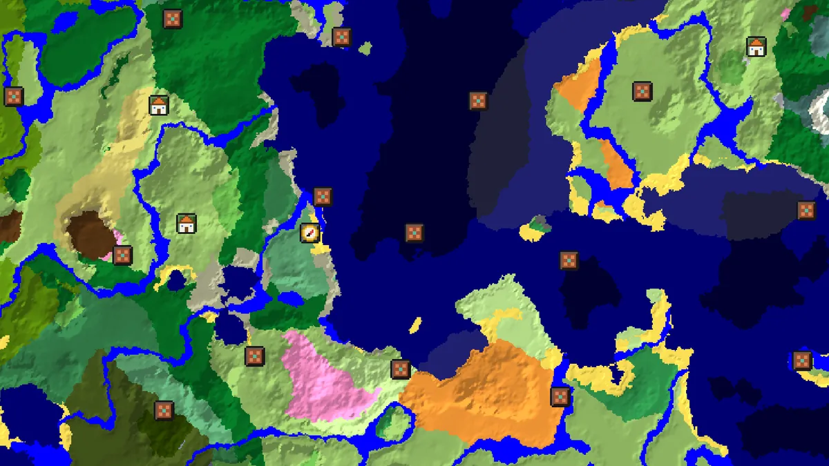 Trial chamber finder for sister seed 281475100167445 at the same position, with the same trial chamber markers over different biomes