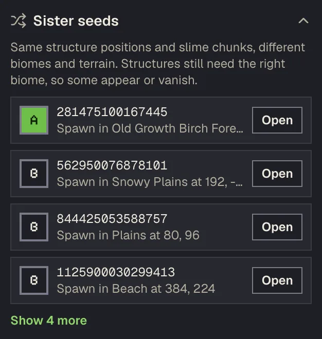 The Sister seeds card in the map sidebar listing sister seeds of 123456789 with their spawn biomes and an Open button