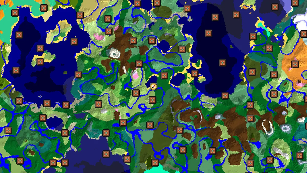 Seed map of seed 123456789 zoomed out with trial chamber markers spread evenly across the whole view