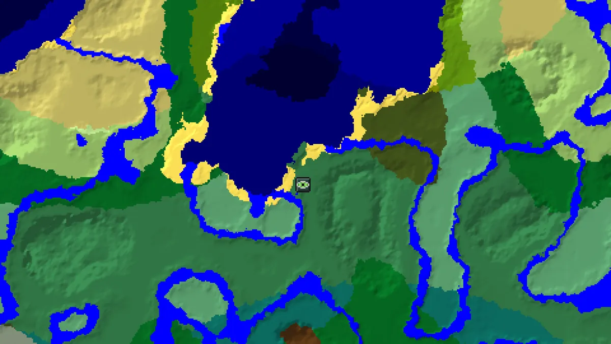 Seed map of seed 123456789 on 26.3 at the same position as the picture at the top, with the stronghold marker shifted to 2772, 3860
