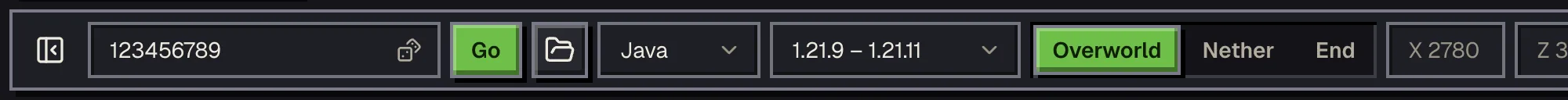 The map toolbar with the version select set to 1.21.11 instead of the latest version