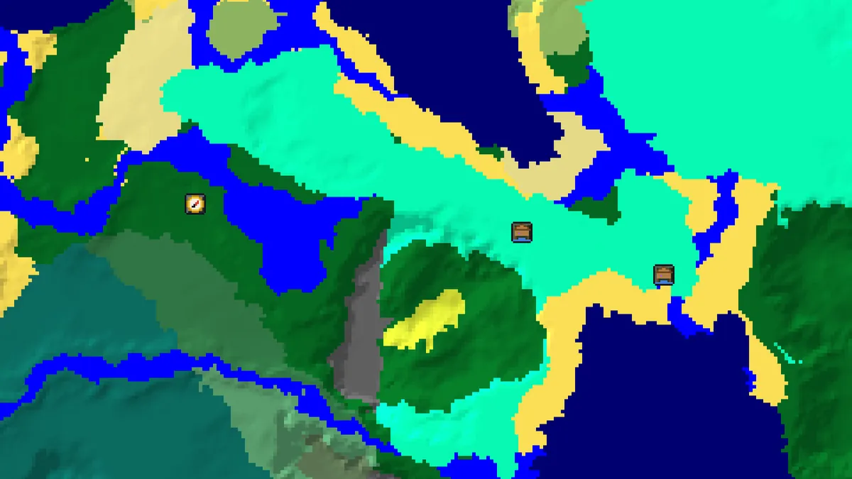 Witch hut finder on seed 3564 showing two witch huts east of spawn, about 160 blocks apart, with the spawn point to the west