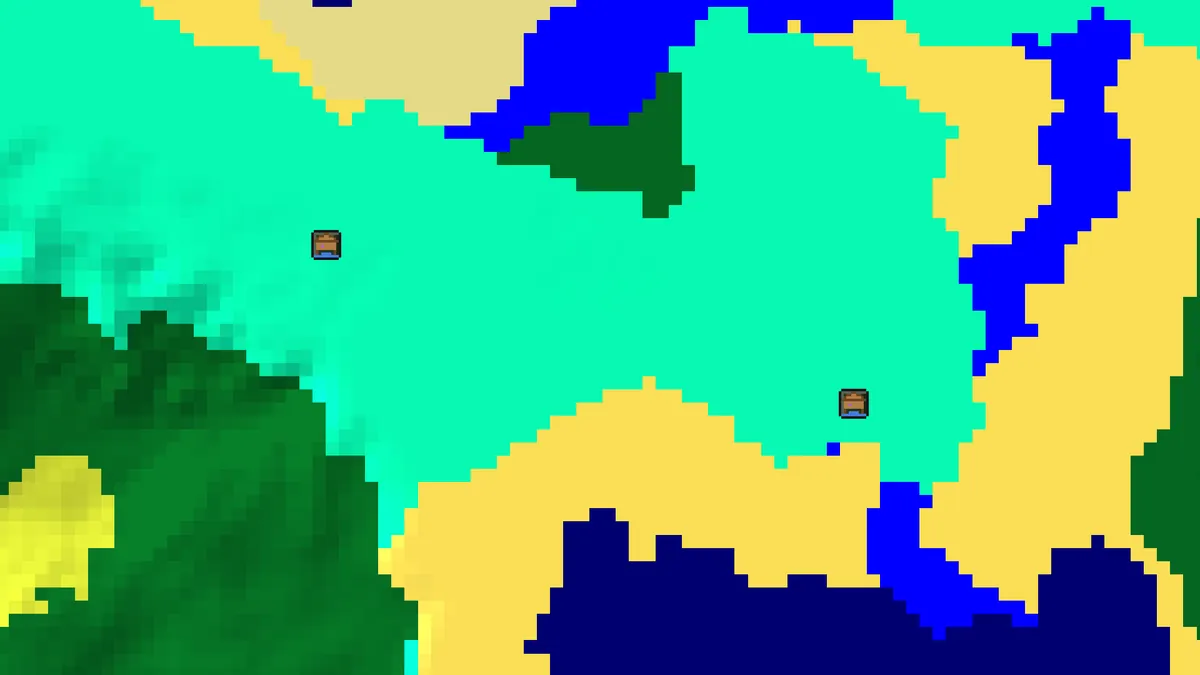 Close-up of the witch hut finder on seed 3564 with the two huts at 368, 32 and 528, 80 both on screen