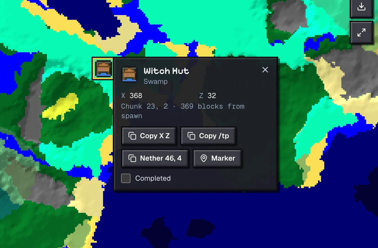 Structure popup for the witch hut at 368, 32 on seed 3564 with its coordinates, distance from spawn and copy buttons