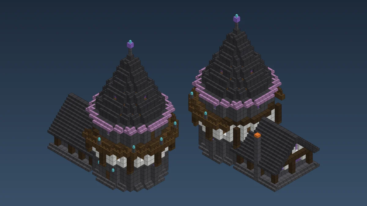 Block diagram of a round deepslate wizard tower in 3D from two corners: purple-trimmed witch-hat roof, wooden balcony with soul lanterns, a white jettied floor and a library wing with a chimney